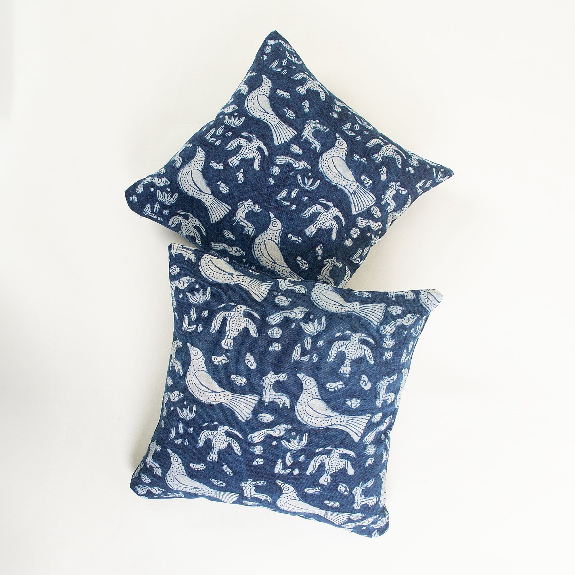 Hand Block Blue Bird Cotton Canvas Cushion Cover